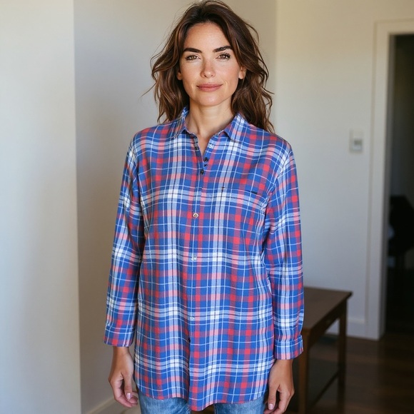 Duluth Trading Co Women’s Large Long Flannel Shirt 6 Snap-up Plaid Pockets - Picture 1 of 9